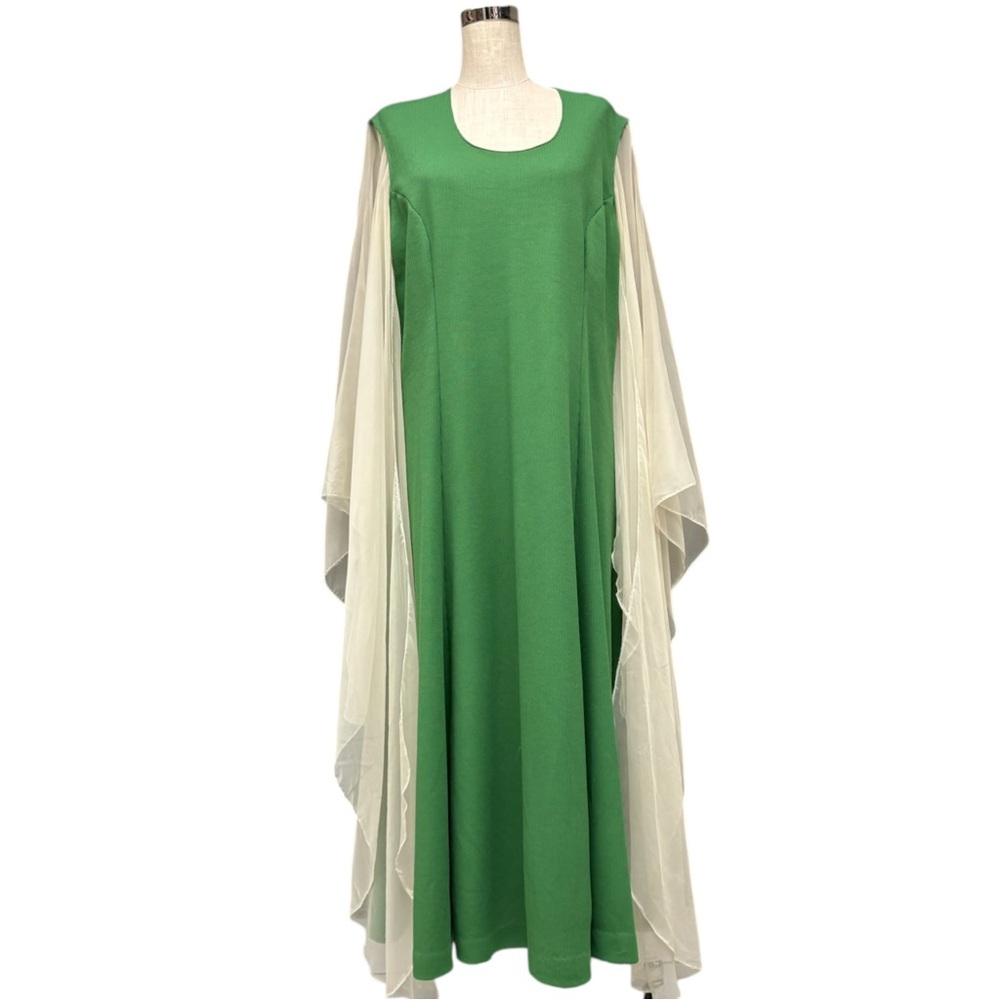 Vintage 70s Green Maxi Dress with sheer angel wing Sleeves - Picture 2 of 13